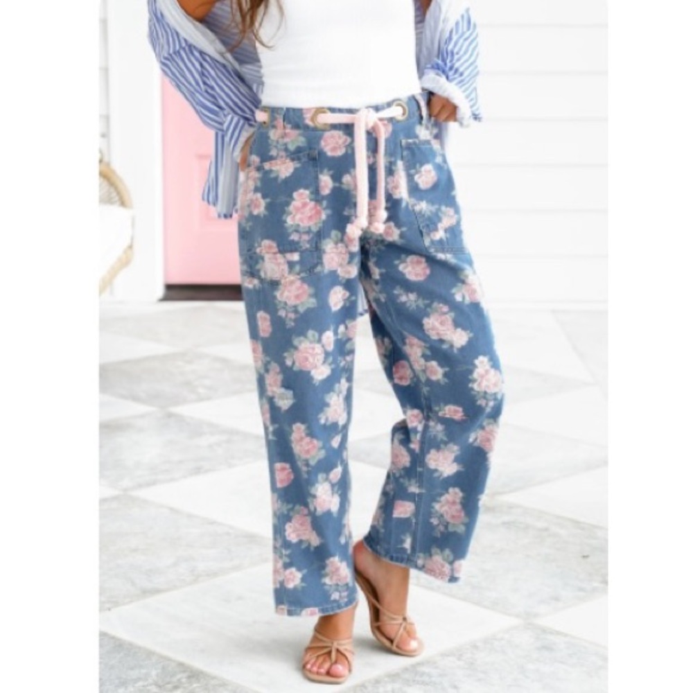 BiBi Denim Blue Floral Wide Leg Pants/ New With Tags.